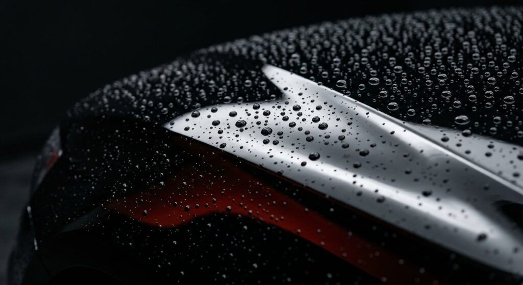 Illustrative render of water beading on a ceramic-coated black panel