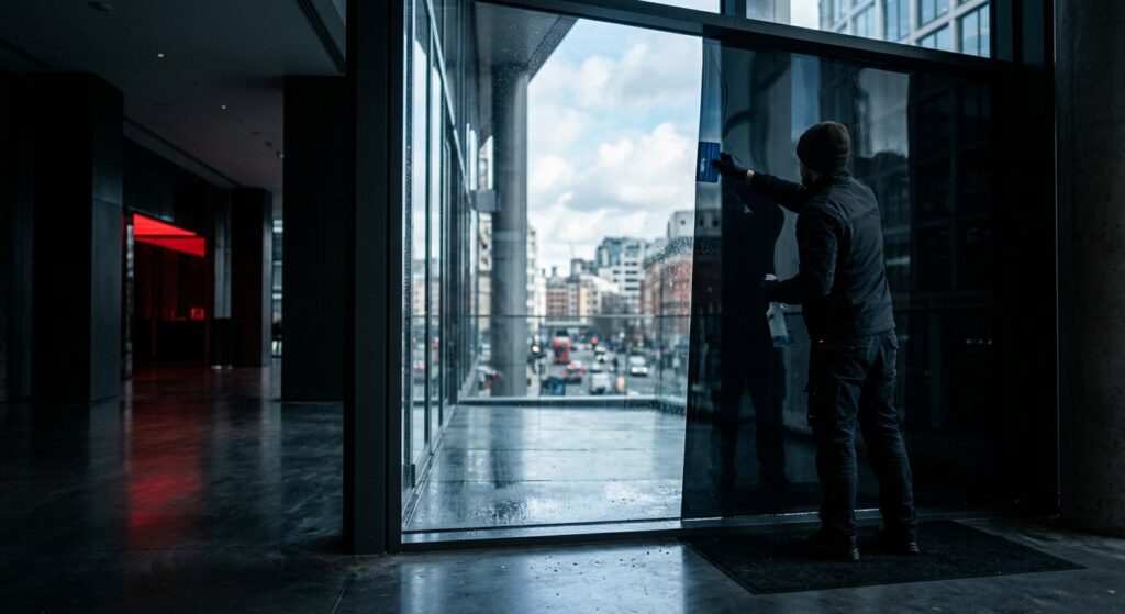 Illustrative render of a storefront with solar-control window film