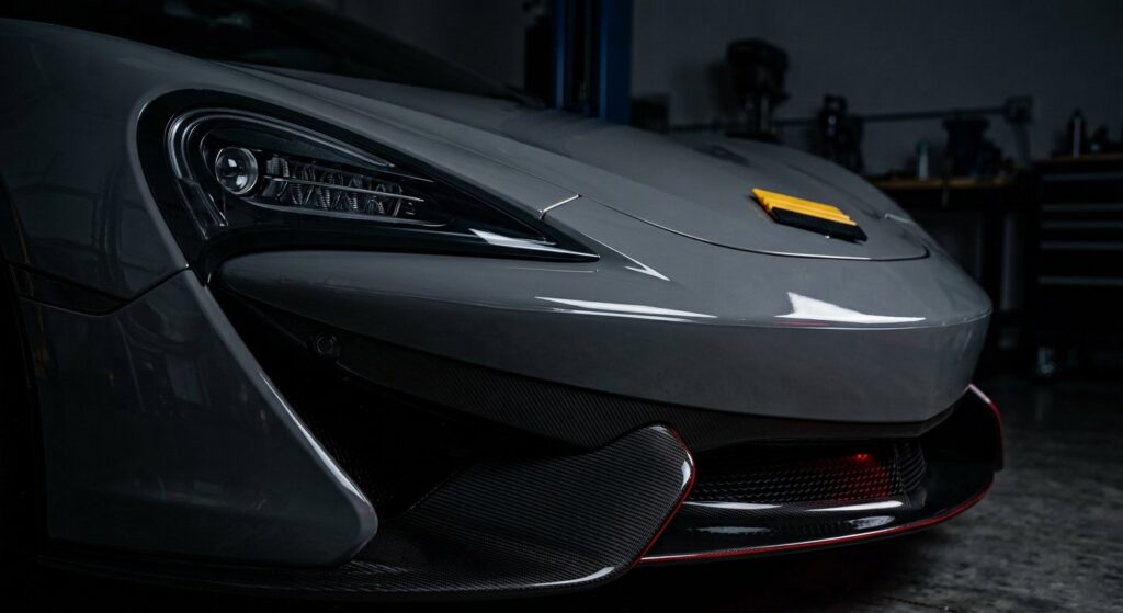 Illustrative render of paint protection film being fitted to a hood