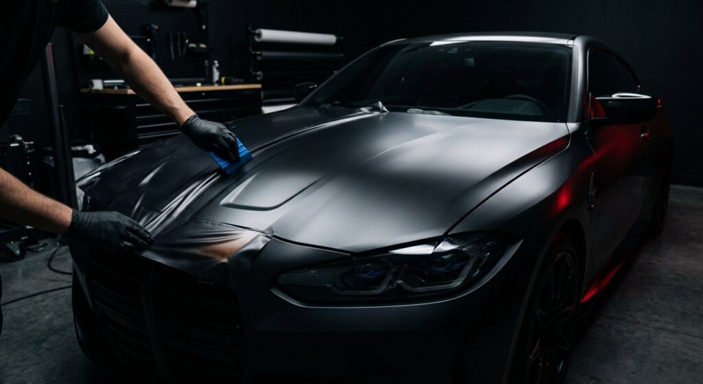 Illustrative render of a coupe in a satin colour-change vinyl wrap