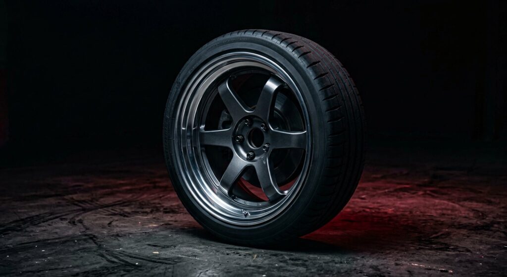 Illustrative render of an alloy wheel and performance tire