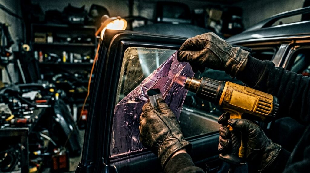 Illustrative render of old purple window film peeling away from clear glass